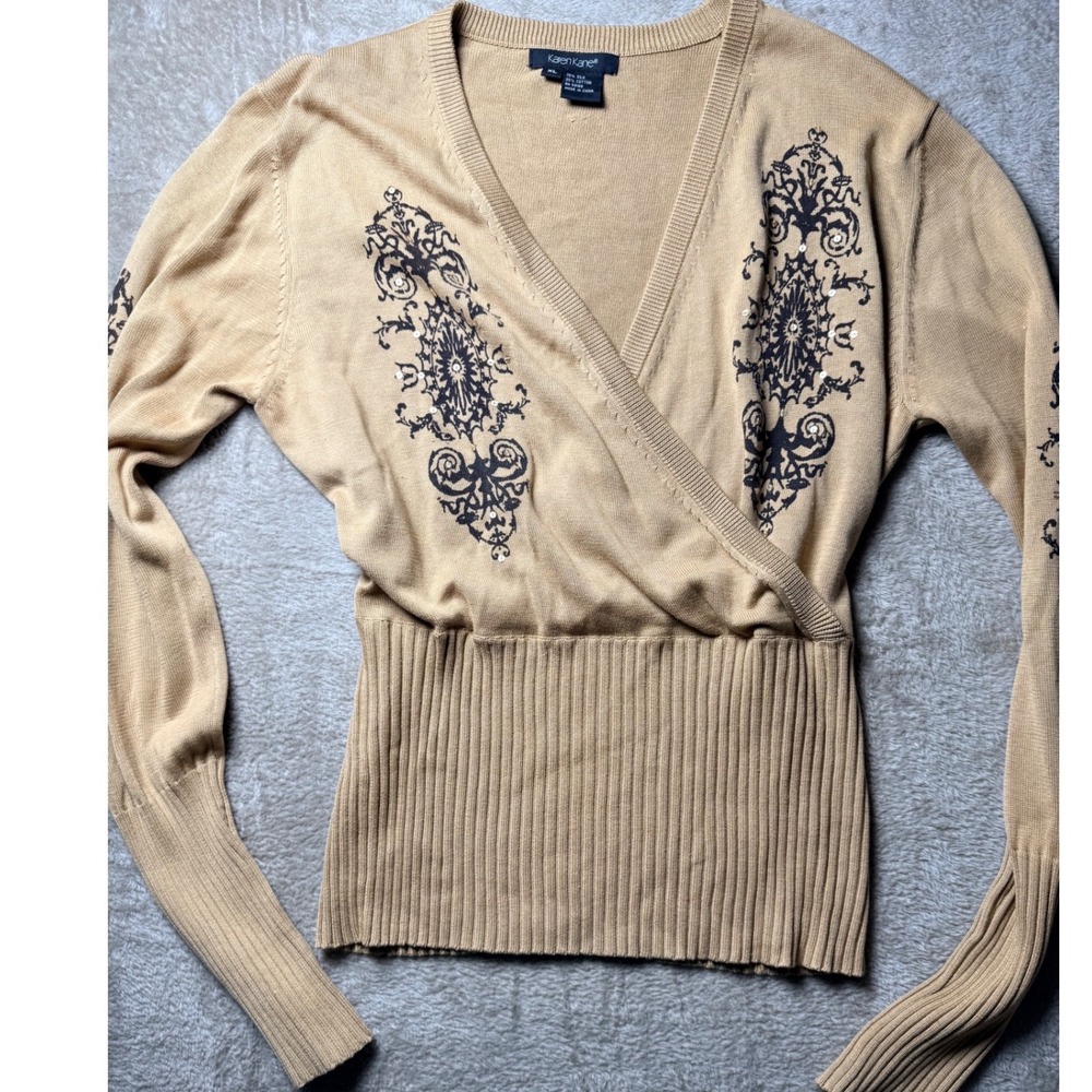 Karen Kane Silk/Cotton Damask Faux Wrap Sweater XL Chic Quiet Luxury Boho